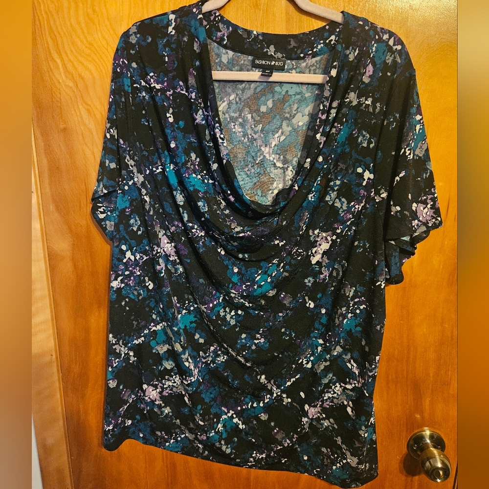 Fashion Bug-Blue Purple White Splatter Pattern Short Sleeve Cowl Neck Top Sz 2X